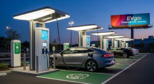 Electric vehicle charging at a modern station, a crucial aspect of EV maintenance. Placement- After the paragraph discussing Charging Systems- Ensuring Your EV is Always Powered