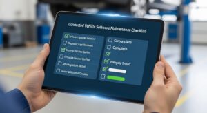 Connected vehicle software maintenance checklist on digital tablet