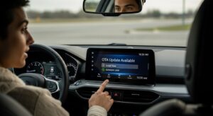 Driver checking ota update notice on car infotainment system