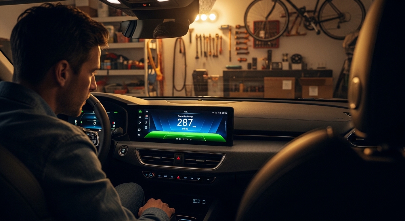 Electric vehicle owner checking dashboard battery range at home