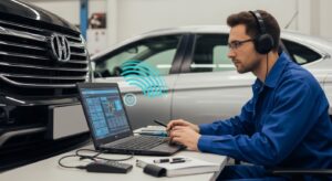 Technician diagnosing connected car software issues in repair shop