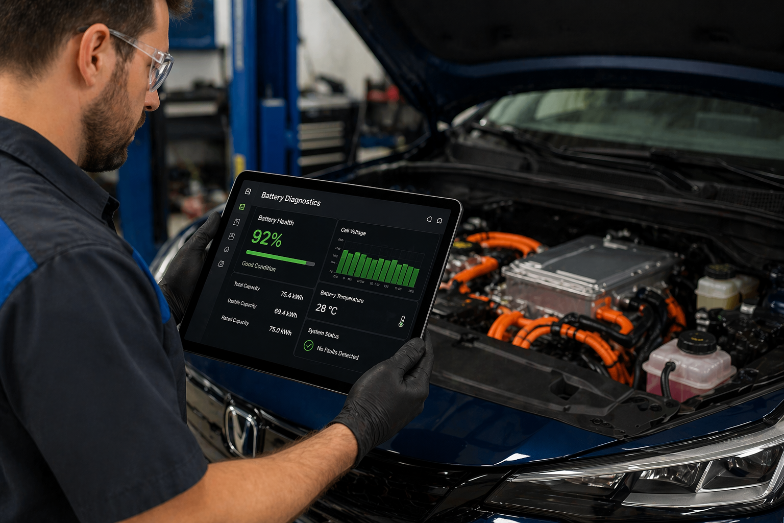 Technician reviewing electric vehicle battery diagnostics