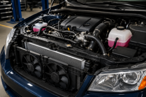 Car engine cooling system components inside modern vehicle engine bay