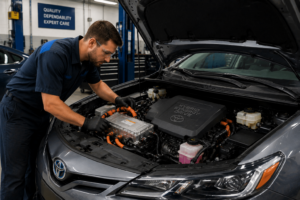 Technician inspecting hybrid vehicle battery and engine components