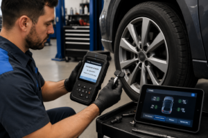 technician programming tire pressure monitoring system sensor