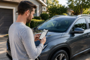 driver reviewing predictive vehicle maintenance information on smartphone