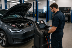 technician diagnosing electric vehicle HVAC and heat pump system